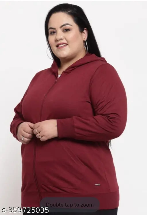Maroon fleece zip-hoodie, plus-size, solid design, long sleeves, women/girls, India