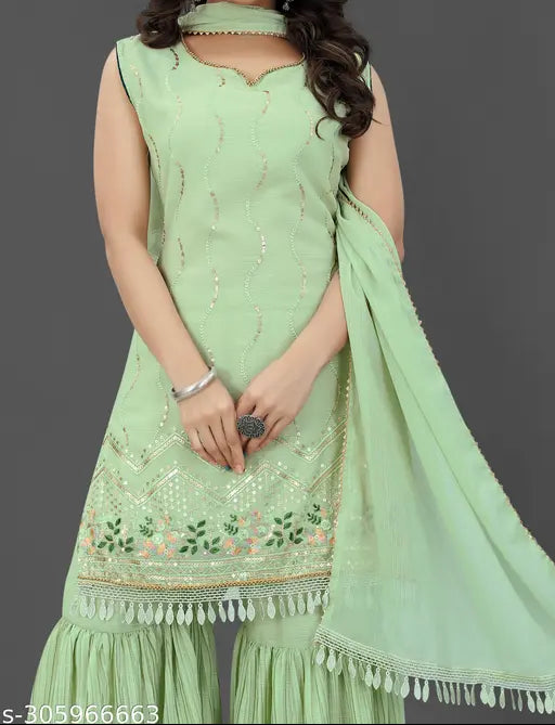 Women's ready-to-wear traditional Indian attire, sharara with dupatta set featuring sequin embellishment, green embroidered work, perfect for weddings, parties