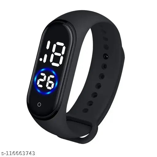 Digital sports watch with blue screen displaying time, slim black wristband