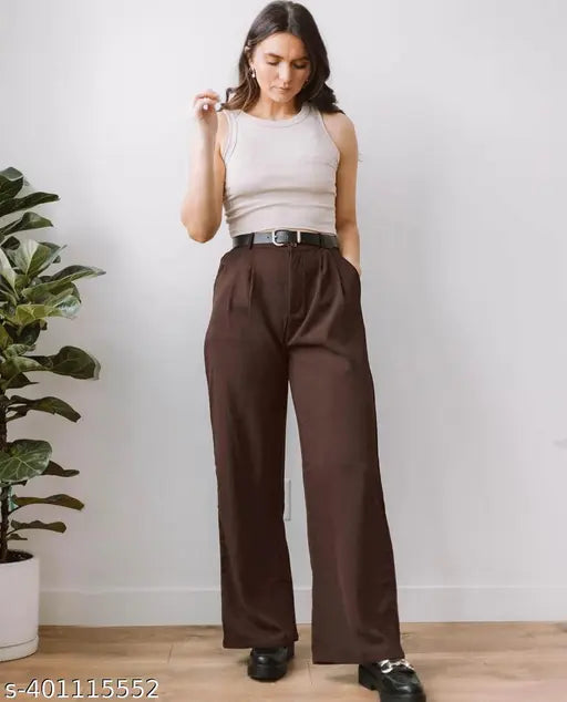 Brown women's high-waisted pants with a straight-leg cut