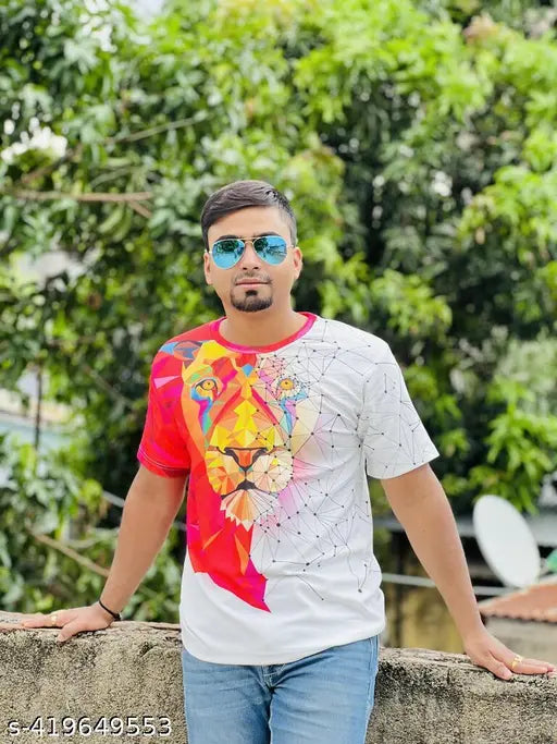 Poly blend 3D lion-face tshirt, vibrant print on short sleeves, smooth and soft