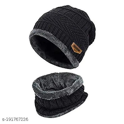 Black woolen beanie cap with faux fur inner side and matching neck muffler, free size - high-quality winter combo set for unisex