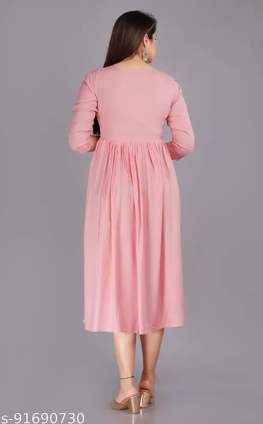 Pink satin dress, buttoned front, long sleeves