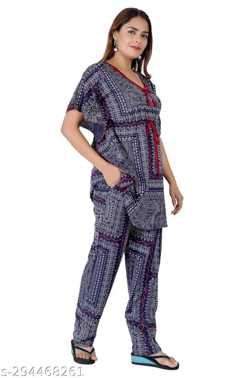 Girls/Women's printed rayon cotton kaftan-style pyjama set, vibrant design, soft & premium quality, available in XXL/2XL and Large sizes