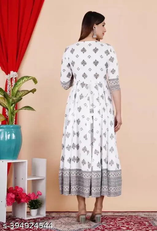 Traditional white rayon Anarkali kurti, elegant design with printed combo, three-quarter sleeves - under budget