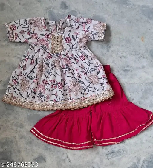 Cotton Nusrat Kurti & Sharara set, printed anarkali with three-quarter sleeves, vibrant Indian Gota lace design for infants (12-24 months)