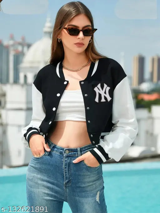 Elastodiene women's bomber varsity jacket, printed net pattern, long sleeves. Super stylish, fashionable and trending jacket. Free size available