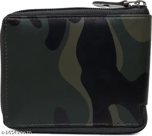 Green artificial leather men's wallet, PU material, 4 card slots, round chain accessory