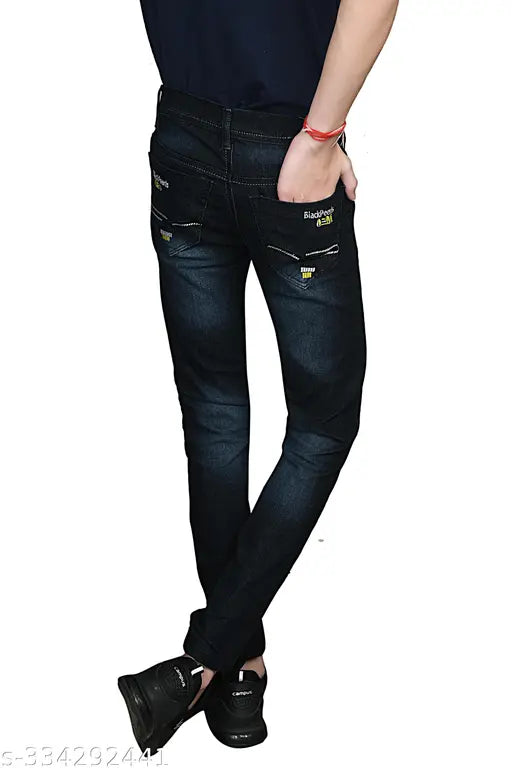 Black Fire Creation Denim for Men - Solid black denim jeans, Indian-made men's clothing on hanger