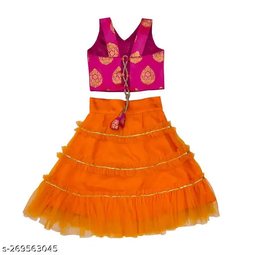 Stylish Kids Lehenga Choli set, handcrafted with Taffeta Silk and Net fabrics for girls aged 12 months to 14 years. Indian-inspired Zari Woven Lehenga and Ruffle detailing