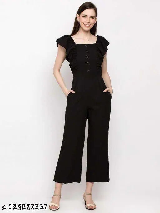 Black crepe sleeveless jumpsuit for women, trending fashion on model