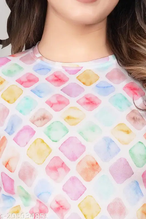 Stylish printed nightsuit, modern colorblocked pyjama set for women & girls, soft polycotton fabric, Indian origin