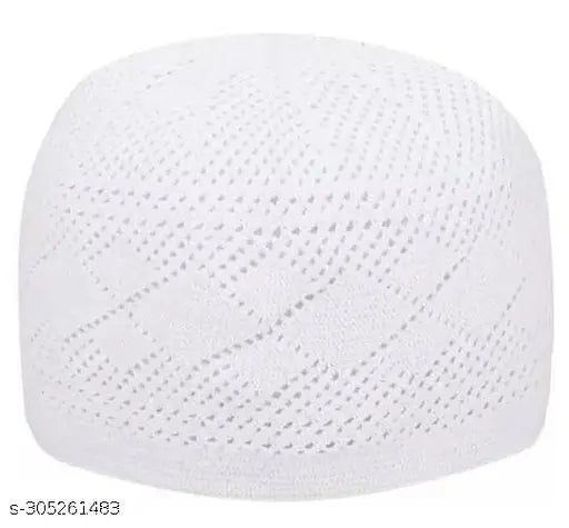 White cotton Islamic cap (2) - Traditional turkey knitting, perfect for regular use or gifting