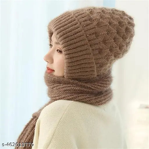 Multicolor women's woolen cap with muffler, acrylic fibers, hand-knitted, fashionable, thick fleece lining, best choice for winter activities