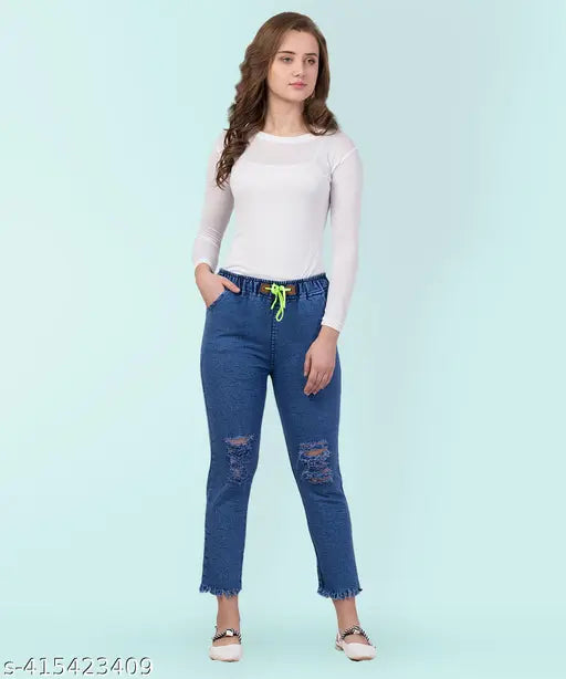 Premium stretchable denim knee slit blue jogger jeans