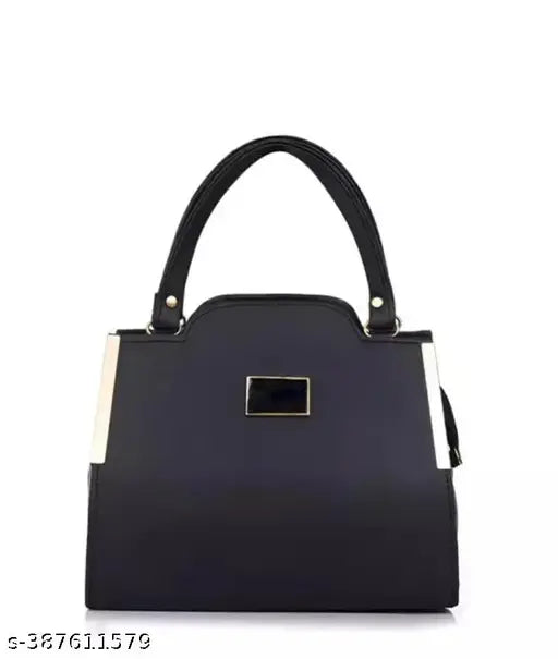 Black leather handbag with metallic hardware