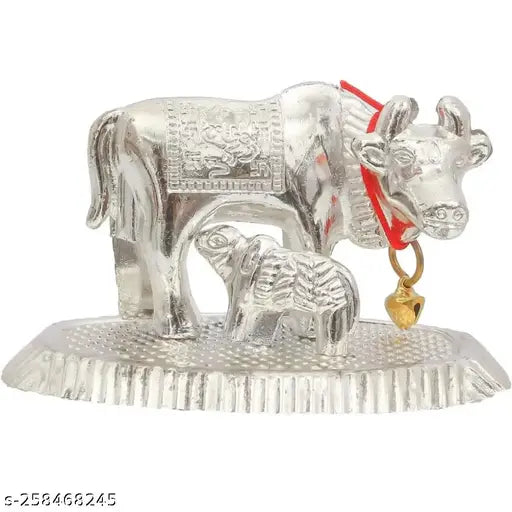 Metal Kamdhenu Cow with Calf Statue, 9cm x 5cm x 5.5cm, from India
