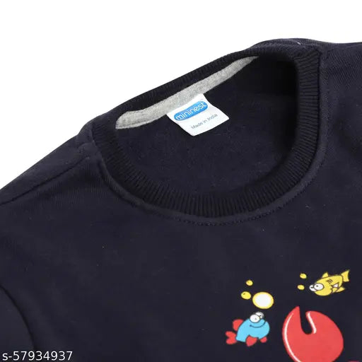Navy Blue Cotton Blend Printed Sweatshirt for Baby Boys & Girls - Trendy Mininest design, ideal for winter wear