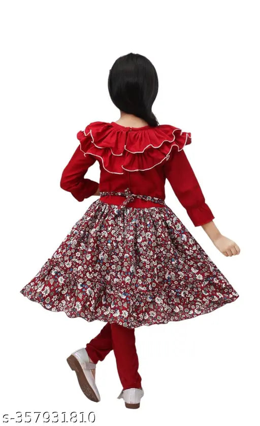 Crepe kids' girls kurta sets with matching leggings in printed net, three-quarter sleeves, size 6-7 years, Indian origin
