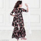 Dupion silk A-line kurta sharara & dupatta set for girls, printed with lace details. Comfortable, seasonal wear in multiple sizes from 2-3 to 9-10 years