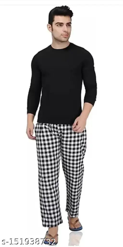 Cotton pajamas set of three, long sleeves, black and white plaid pattern