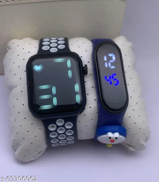 Blue and black smartwatch with cartoon animal design, kid-friendly watch, wrist band