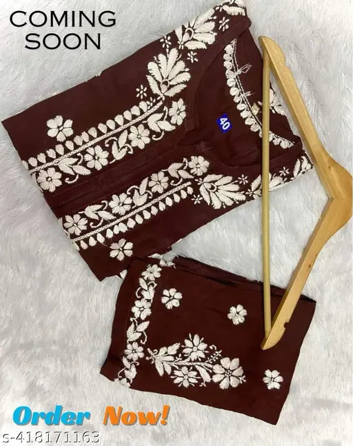 Embroidered rayon Chickankari kurta and palazzos set, three-quarter sleeves, traditional Indian ethnic wear for women
