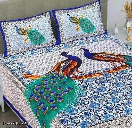 Pure cotton, peacock-patterned Jaipuri double bedsheets with 2 pillow covers - ideal for summer, perfect for adults