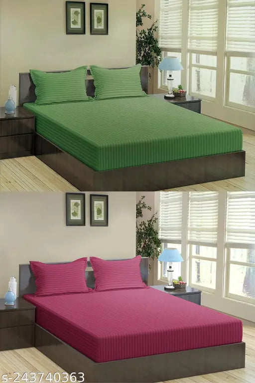 N G Products Combo Pack of Glace Cotton Satin Stripes Plain Color 2 Bedsheets for Double Bed with 4 Pillow Covers, Size 90 x 90 Inch, Color- Green & Maroon