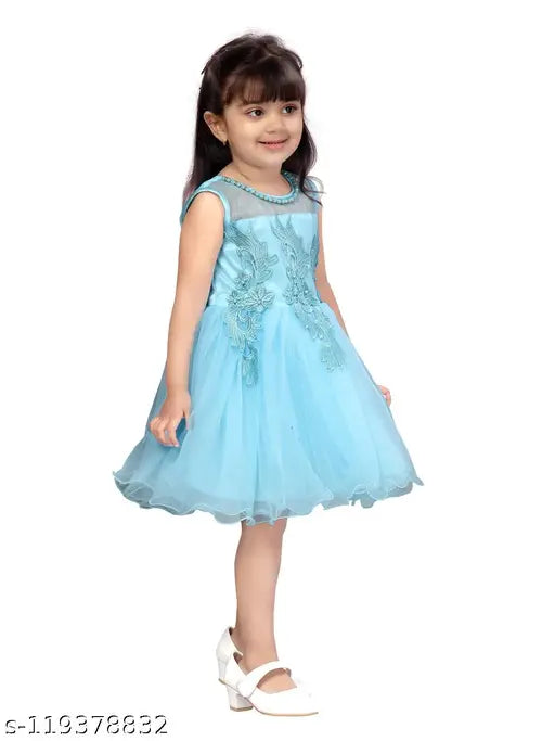 Aqua blue net sleeveless dress by Aarika Girl, turquoise patchwork design for kids ages 12 months to 5 years