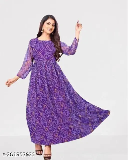 Blue printed Bandhni Kurti, digital print on Georgette fabric, long sleeves, Indian ethnic wear for women
