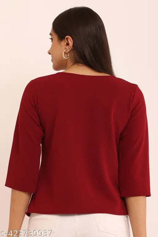 Maroon Lycra three-quarter sleeve top with mizo trends button and patch, women's fashion wear