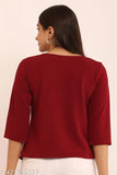 Maroon Lycra three-quarter sleeve top with mizo trends button and patch, women's fashion wear