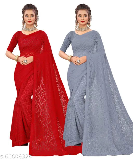 Self-designed net saree and semi-stitched blouse set, contemporary Indian fashion with floral motifs on free size net material (5.5m saree, 0.8m blouse)