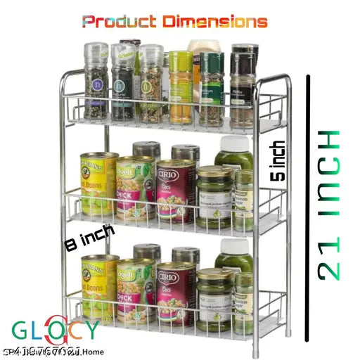 3-tiered stainless steel kitchen rack with containers and labels, holding various food items, suitable for kitchen storage