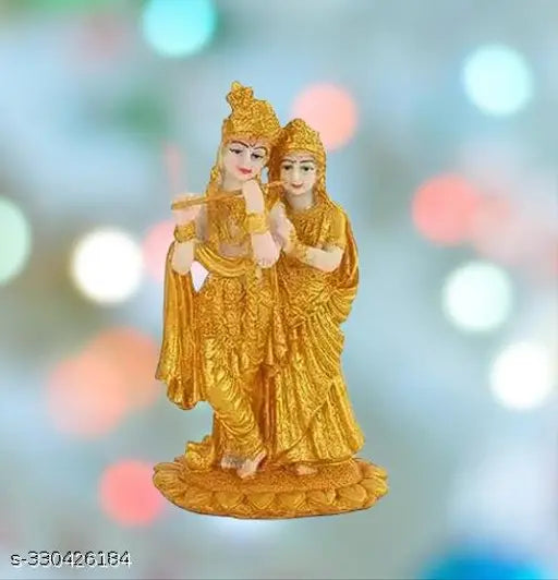 Gold-plated Radha Krishna resin showpiece statue, 11cm x 19cm x 11cm, Indian handcrafted decor item for home living room, gift for family & friends or corporate employees