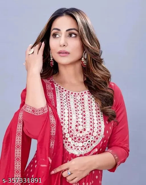 Tomato Pink Embroidery & Pigment ethnic set: Rayon kurta, Viscose rayon bottomwear with chanderi dupatta, suitable for any occasion