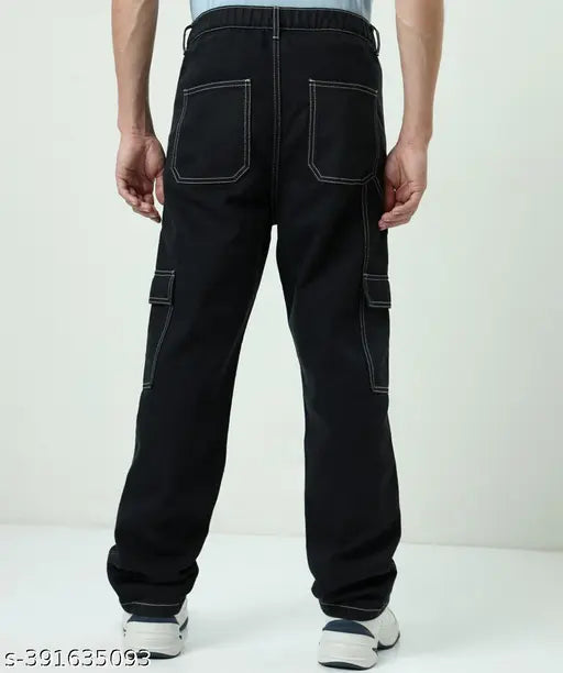 Black denim six-pocket baggy for boys - casual wear jeans, solid black, size fits 28-32 (28in/36in/10in, 30in/36in/10in, 32in/36in/10in), India origin