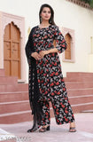 Black rayon floral print kurta pant & dupatta set (Umbrella Cut), featuring three-quarter sleeves and palazzos bottomwear. Rayon fabric ensures a luxurious feel. Perfect for special occasions or everyday wear, made in India