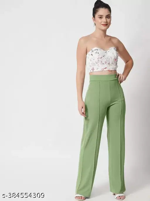 Green high rise bell bottom trousers for women