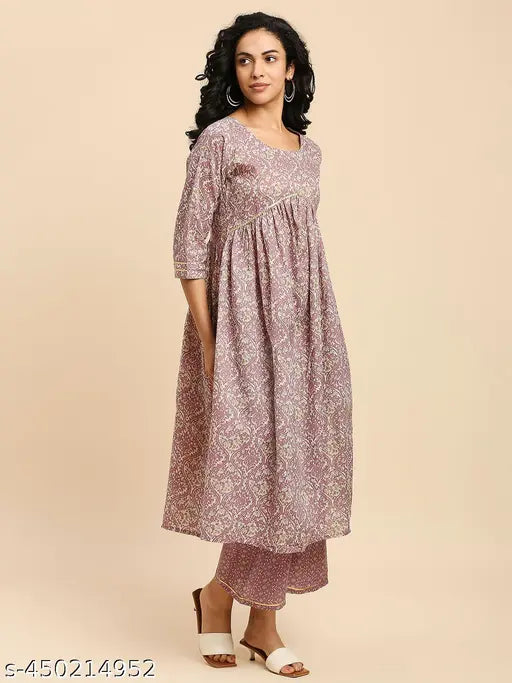 Printed cotton kurta set with palazzos, three-quarter sleeves, Indian fashion for women