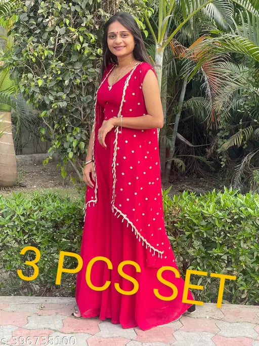 Classic Georgette palazzo sets with sleeveless crop top in cherry Rani color, high-quality embroidery work