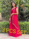 Classic Georgette palazzo sets with sleeveless crop top in cherry Rani color, high-quality embroidery work
