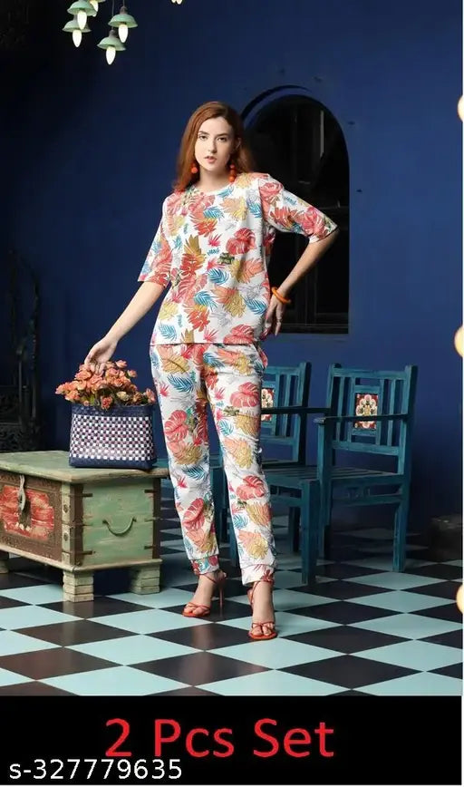 GRECIILOOKS women's botanical round nightsuit set (2pc) in polycotton, ideal for sleepwear & loungewear