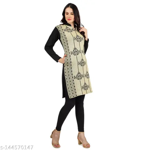 Woolen black kameez for women with embroidered border, 3/4 sleeve length