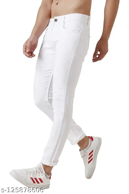 Slim fit denim jeans, plain white by FLETE FASHION. Hand wash only, size 30