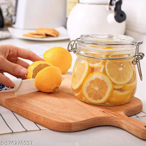 Glass canister set of 4 with lids, airtight storage container, round shape, wire clip fastening, kitchen canning, cereal, pasta, sugar, beans, spices, preserving seal, clear, round