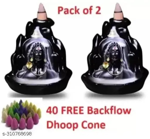 Black decorative smoke fountain for pooja, Adiyogi Shiva design, set of 2 with 40 cones and a pack of 10 cm polyresin, perfect for ceremonies