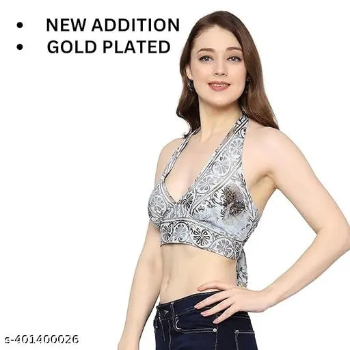 Gold plated Art Silk relaxed fit halter top on model, perfect for any occasion