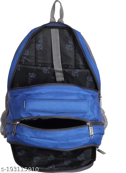 Blue and orange canvas school backpack with laptop compartment, trendy for boys and men, durable with padded, adjustable straps, zippered front compartment, mesh bottle holder, free size, made in India